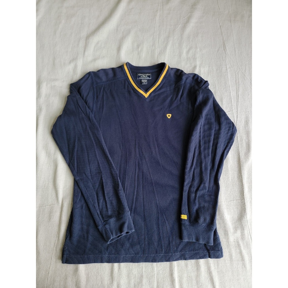 Abercrombie & Fitch Thermal Shirt Mens XL Navy Blue Yellow‎ V-Neck Waffle Knit